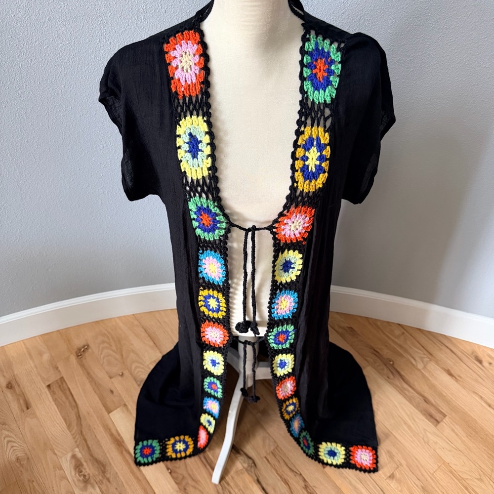Elan Black Maxi Swim Cover-Up with Multicolor Crochet Trim - Picture 6 of 11